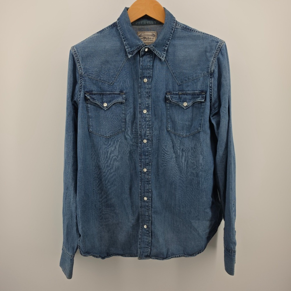 Polo Ralph Lauren Mens XL Denim Western Shirt Pearl Snap Blue Long Sleeve Cotton